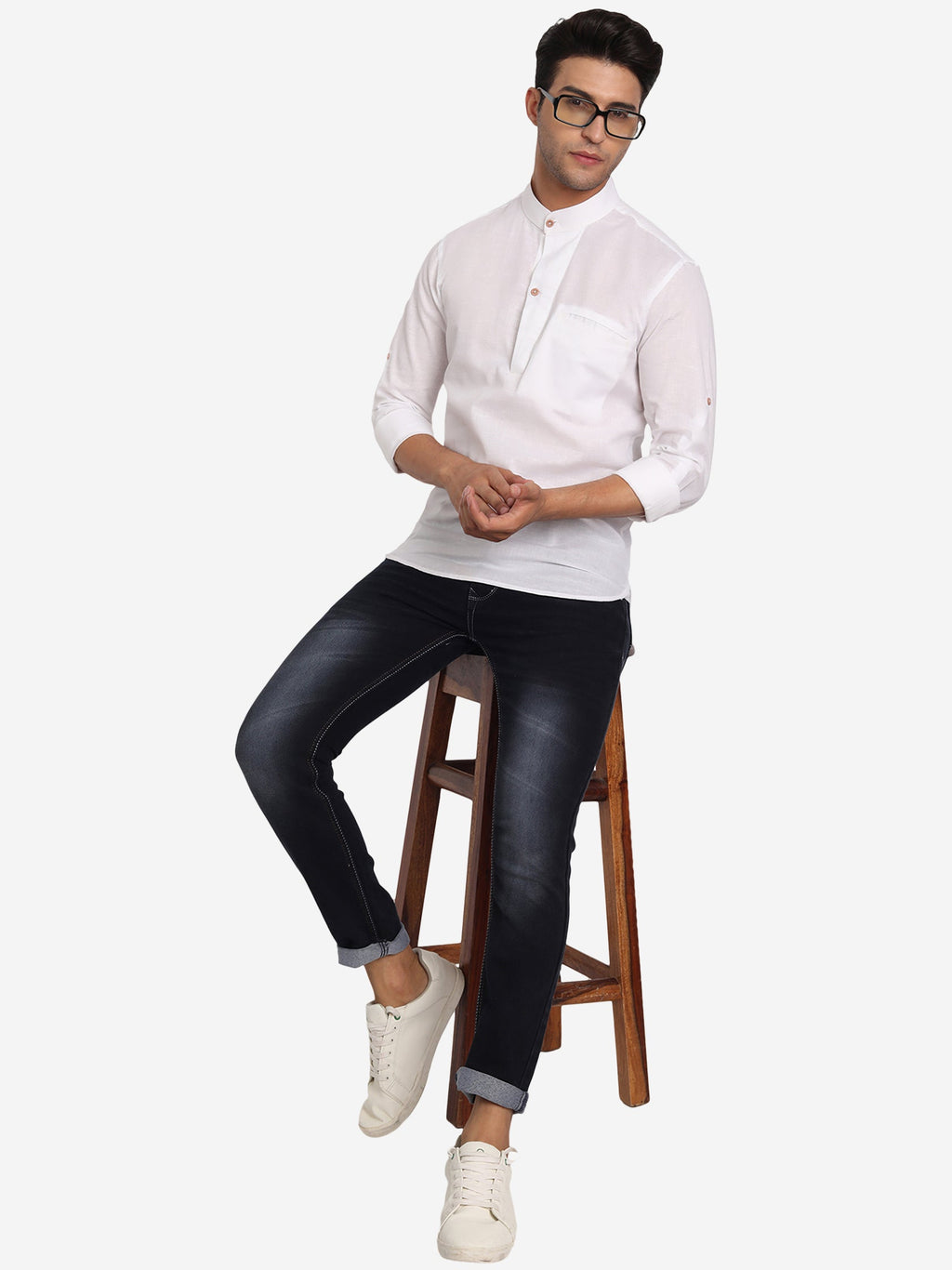 BLUE ROBED Men Pure Cotton Broad Placket Short Kurta in White view 13
