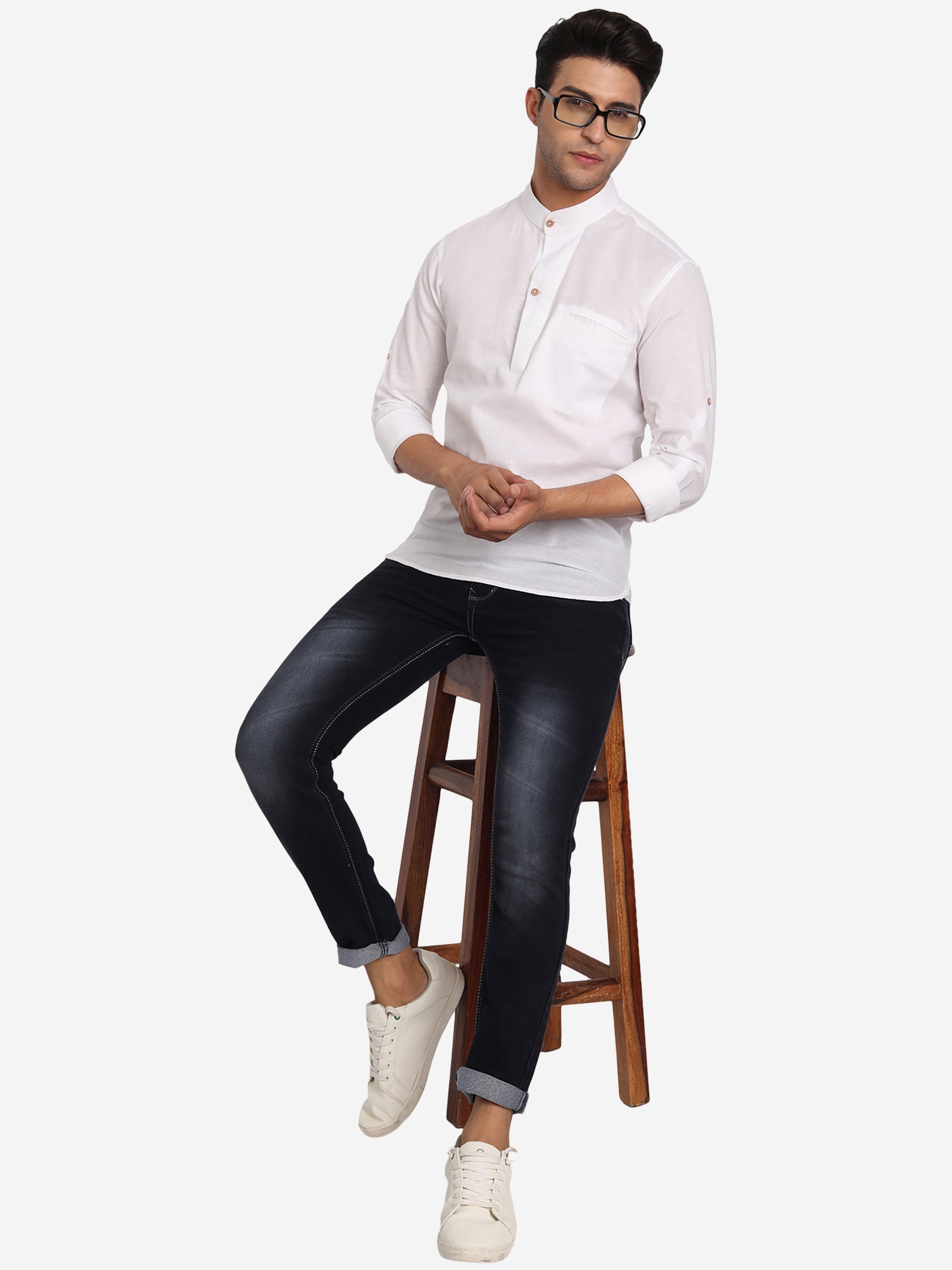 BLUE ROBED Men Pure Cotton Broad Placket Short Kurta in White view 13