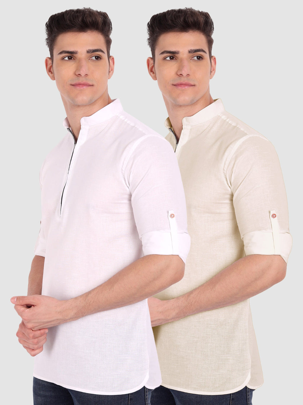 BLUE ROBED men's Casual ZIP Style Full Sleeve Cotton Kurta (Pack 2) in White view 3