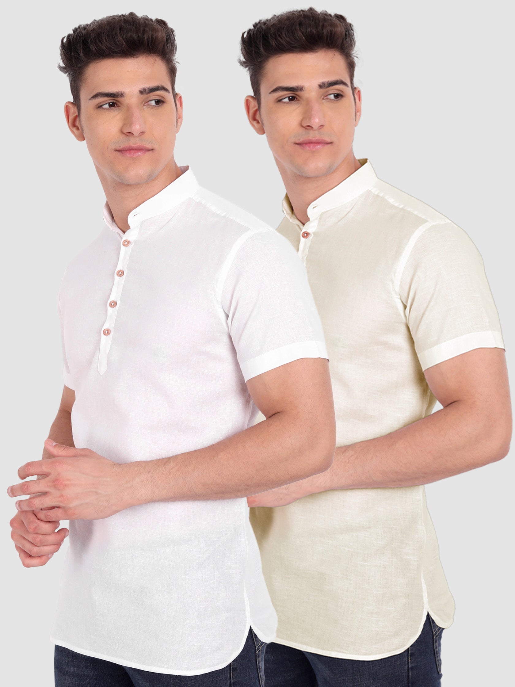 BLUE ROBED men's Casual Slim Fit Half Sleeve Cotton Kurta (Pack 2) Office Wear in White Main image