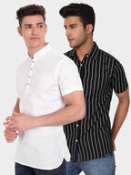 BLUE ROBED men's Double Strip Half Sleeve Shirt (Pack 2) in White
