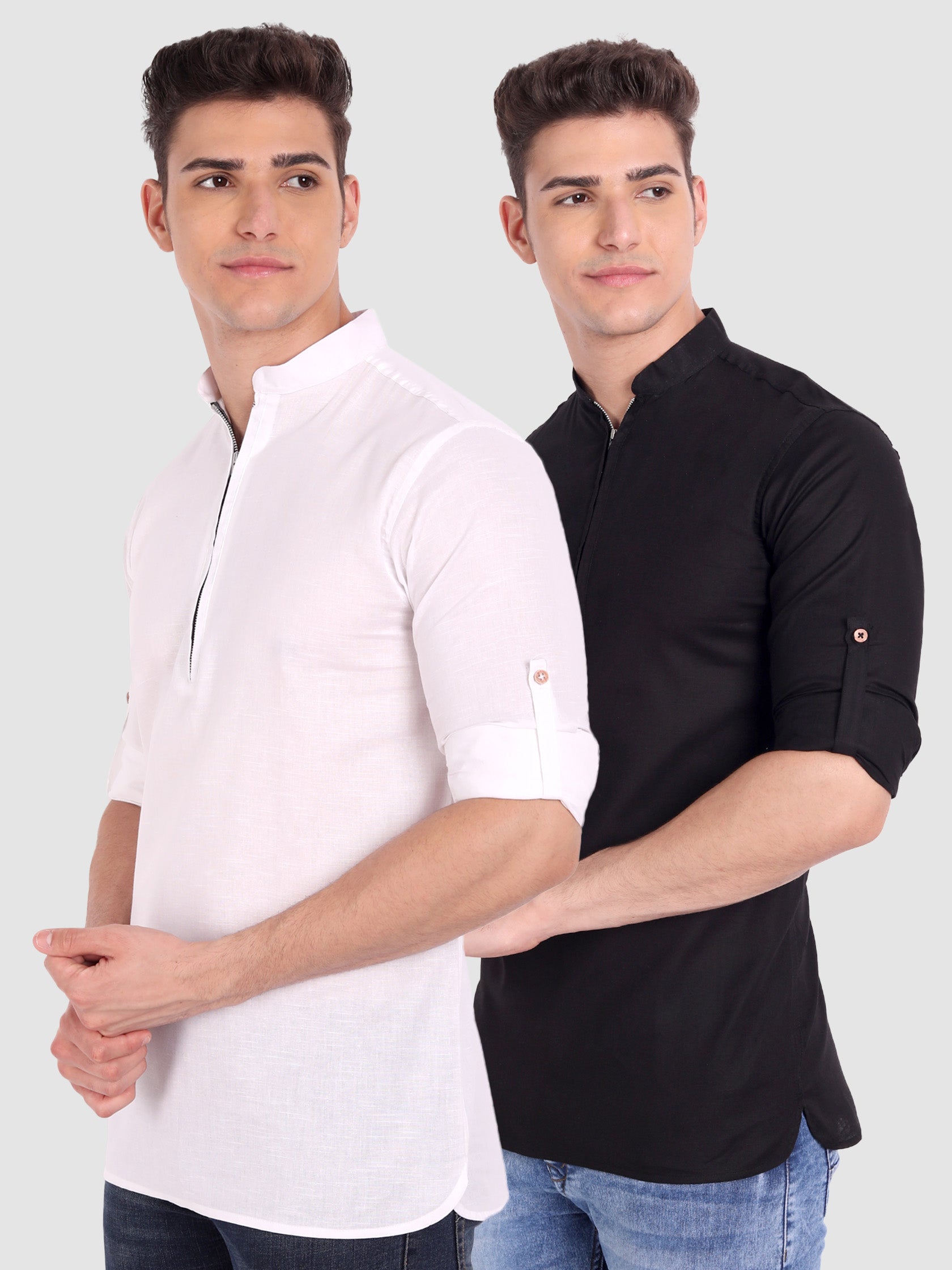 BLUE ROBED men's Casual ZIP Style Full Sleeve Cotton Kurta (Pack 2) in White view 5