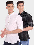 BLUE ROBED men's Straight Strip Full Sleeve Kurta (Pack 2) in White