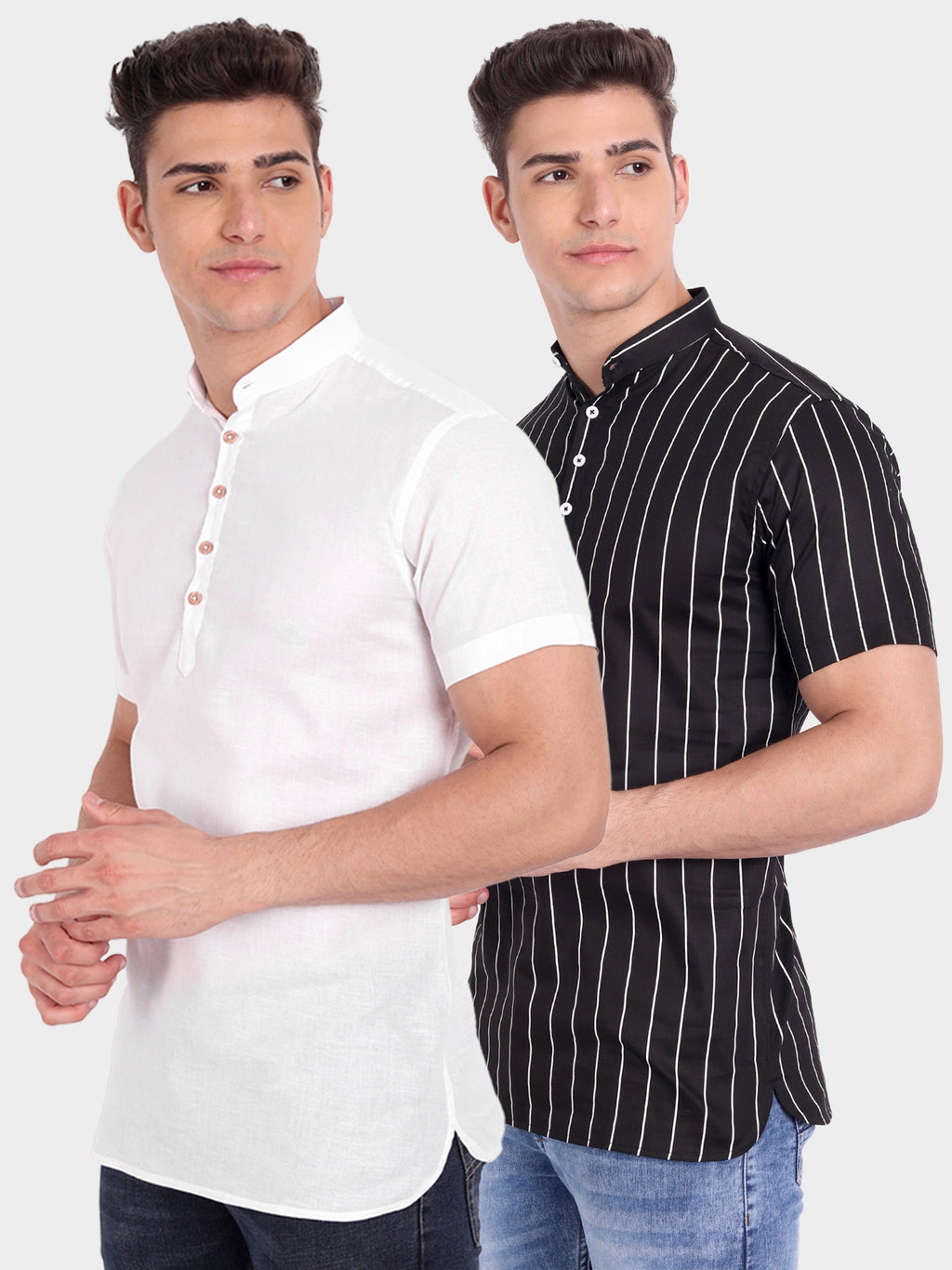 BLUE ROBED men's Straight Strip Half Sleeve Kurta (Pack 2) in White