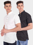 BLUE ROBED men's Straight Strip Half Sleeve Kurta (Pack 2) in White