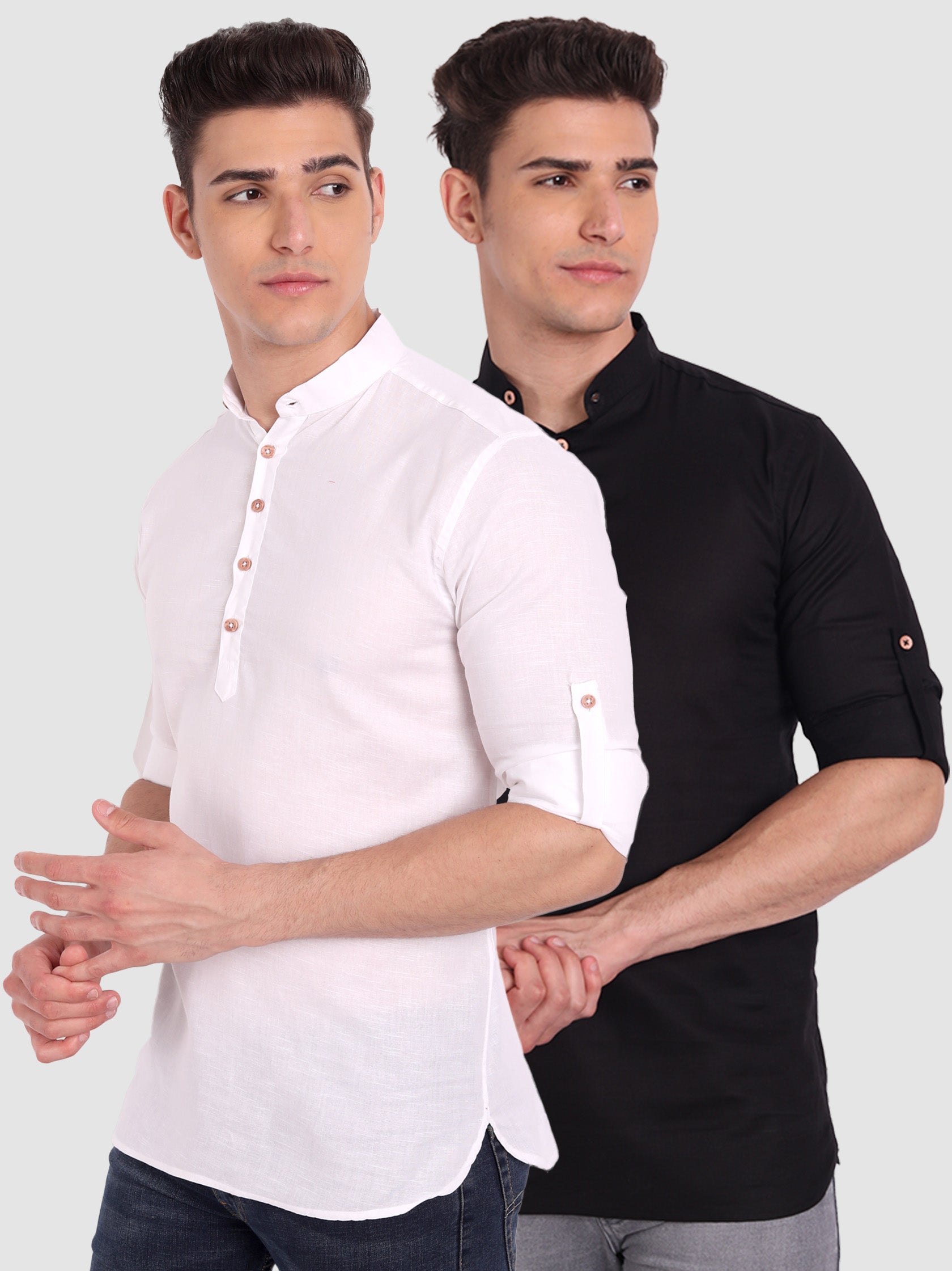 BLUE ROBED men's Casual Slim Fit Full Sleeve Cotton Kurta (Pack 2) in White style A view 14