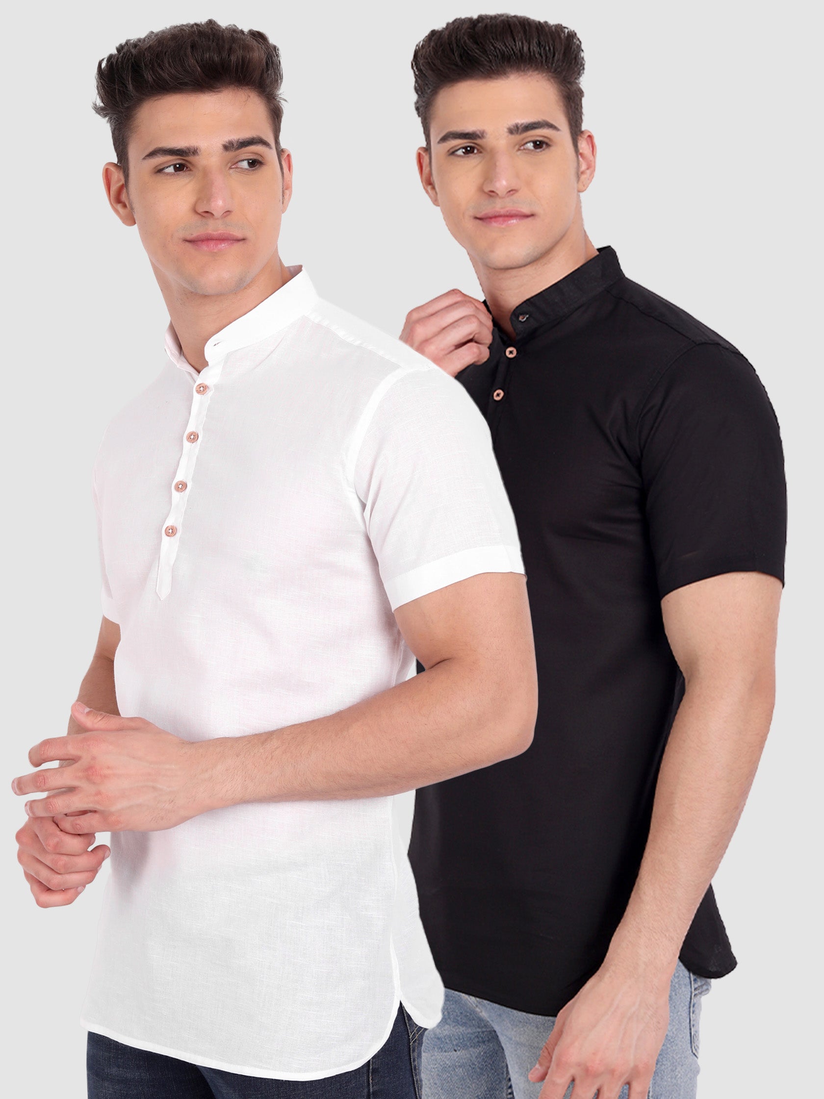BLUE ROBED Mens Casual Slim Fit Half Sleeve Cotton Kurta (Pack 2) Office Wear - White & Blue Secondary image