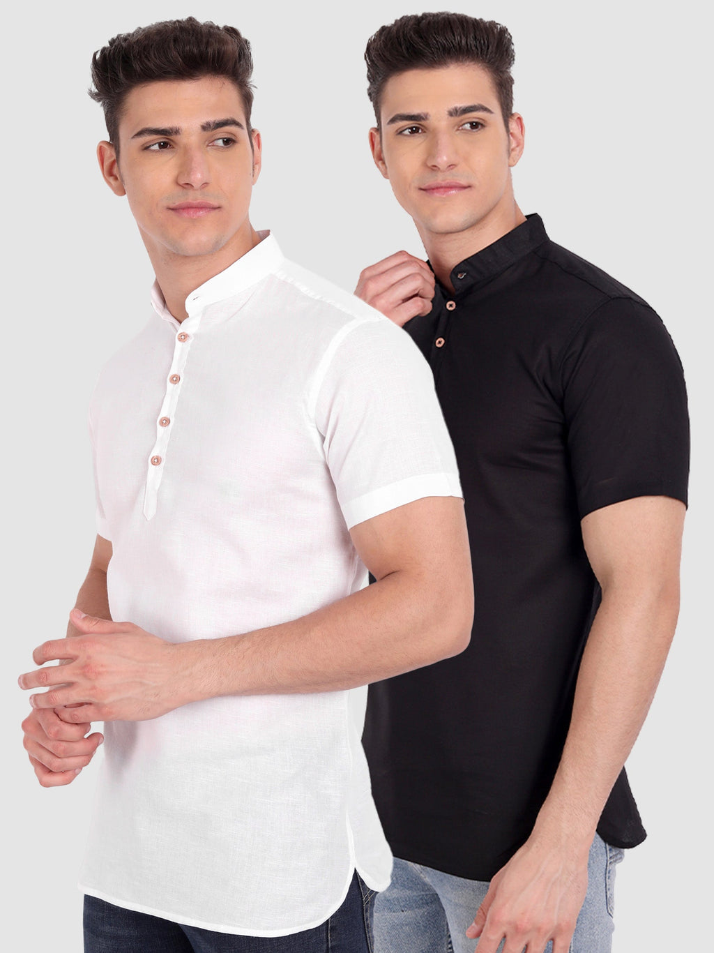 BLUE ROBED men's Casual Slim Fit Half Sleeve Cotton Kurta (Pack 2) in White view 7