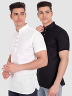 BLUE ROBED men's Casual Slim Fit Half Sleeve Cotton Kurta (Pack 2) in White view 7