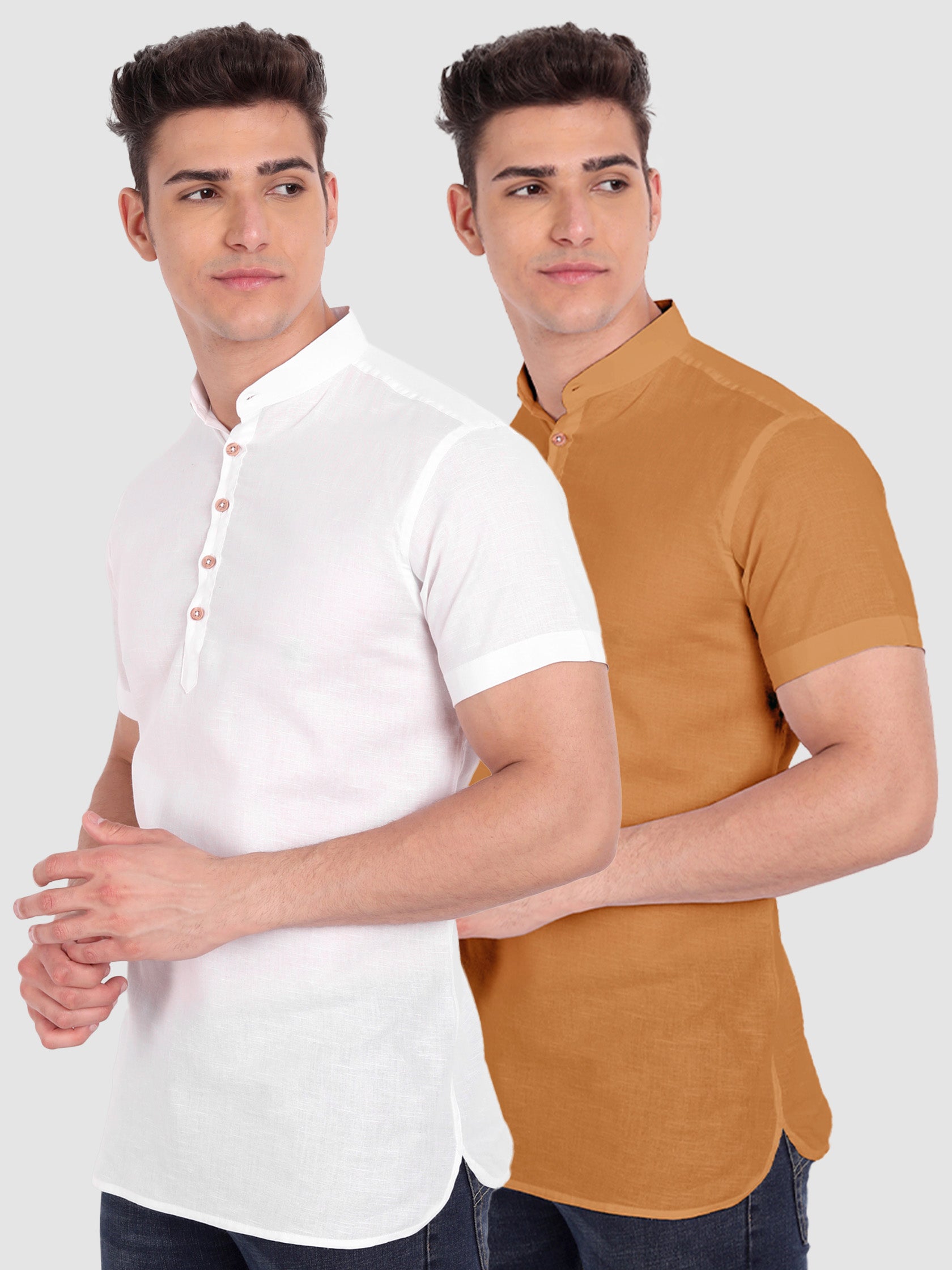 BLUE ROBED men's Casual Slim Fit Half Sleeve Cotton Kurta (Pack 2) Office Wear in White view 4