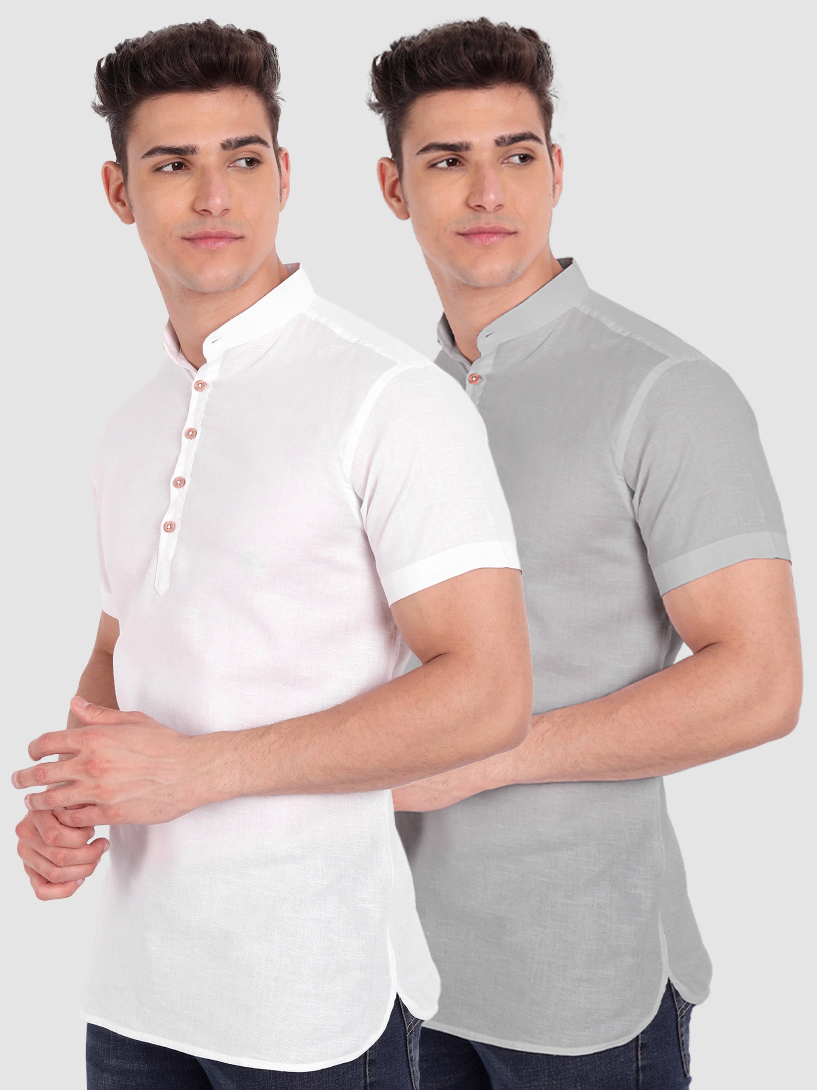 BLUE ROBED men's Casual Slim Fit Half Sleeve Cotton Kurta (Pack 2) Office Wear in White view 6