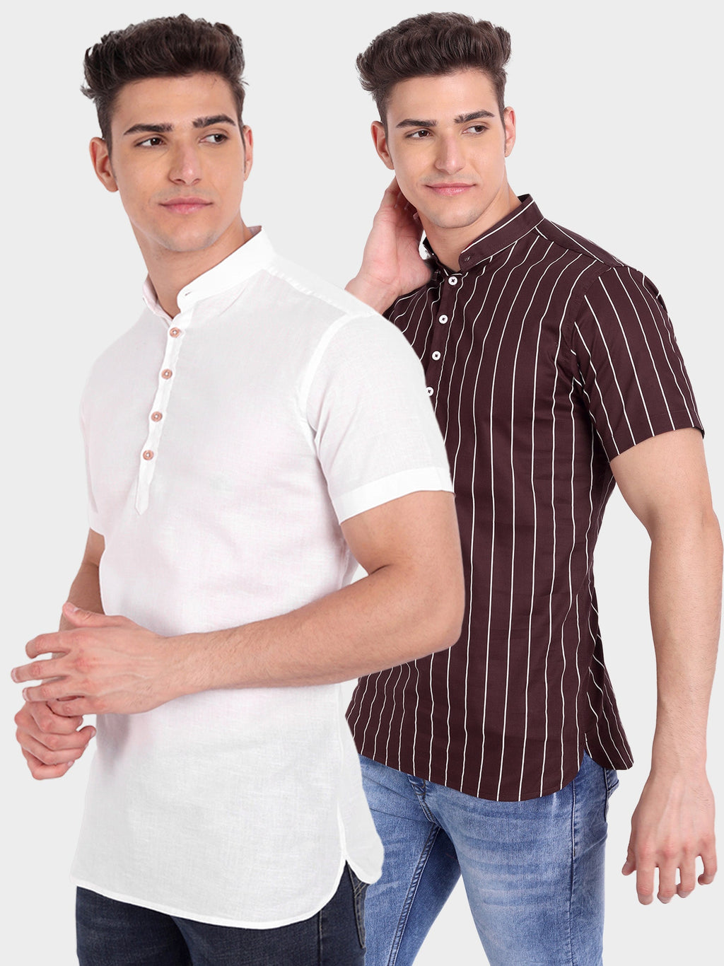 BLUE ROBED men's Straight Strip Half Sleeve Kurta (Pack 2) in White view 2
