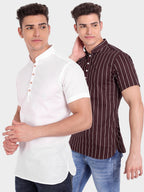 BLUE ROBED men's Straight Strip Half Sleeve Kurta (Pack 2) in White view 2