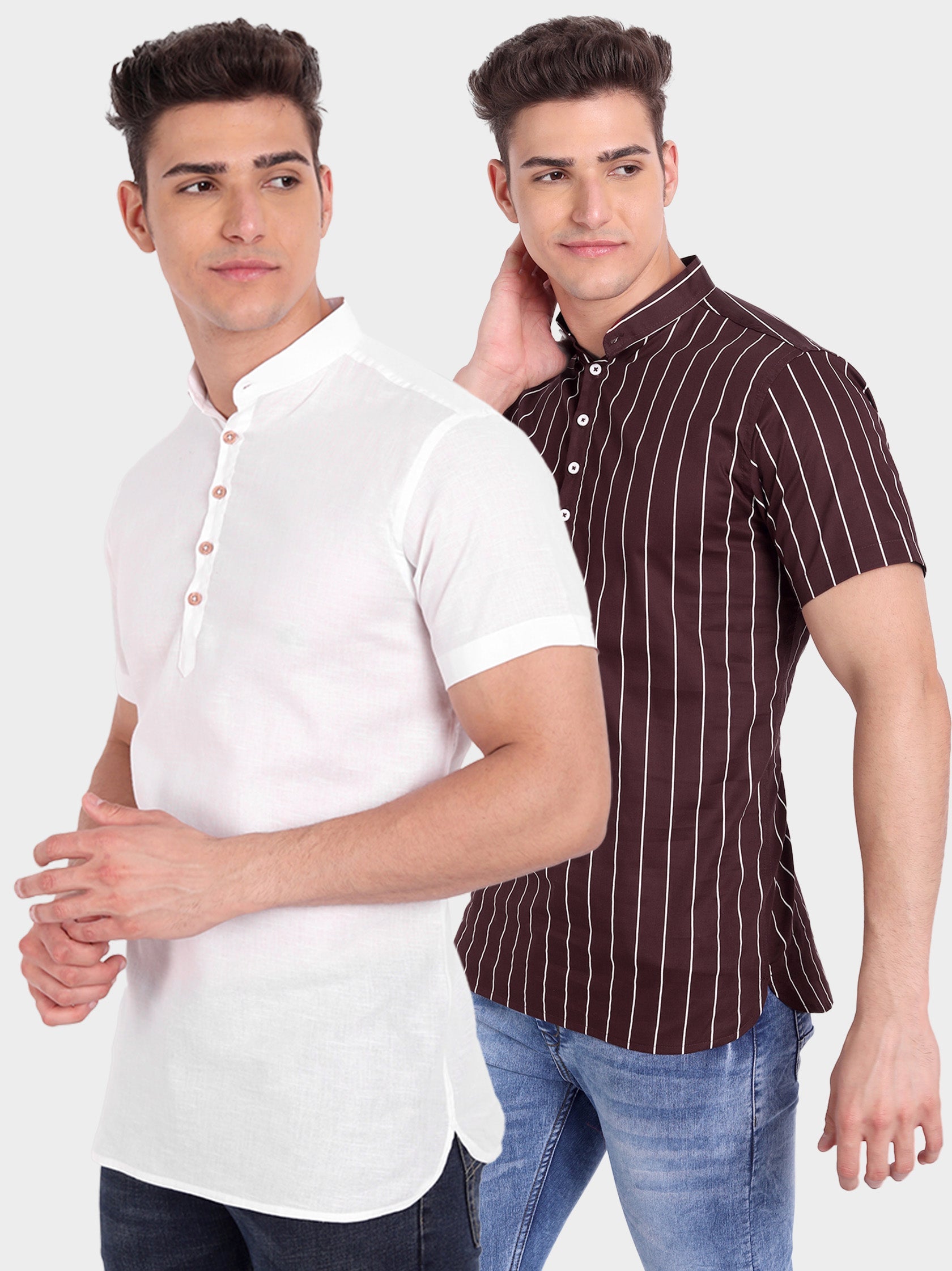 BLUE ROBED men's Straight Strip Half Sleeve Kurta (Pack 2) in White view 2