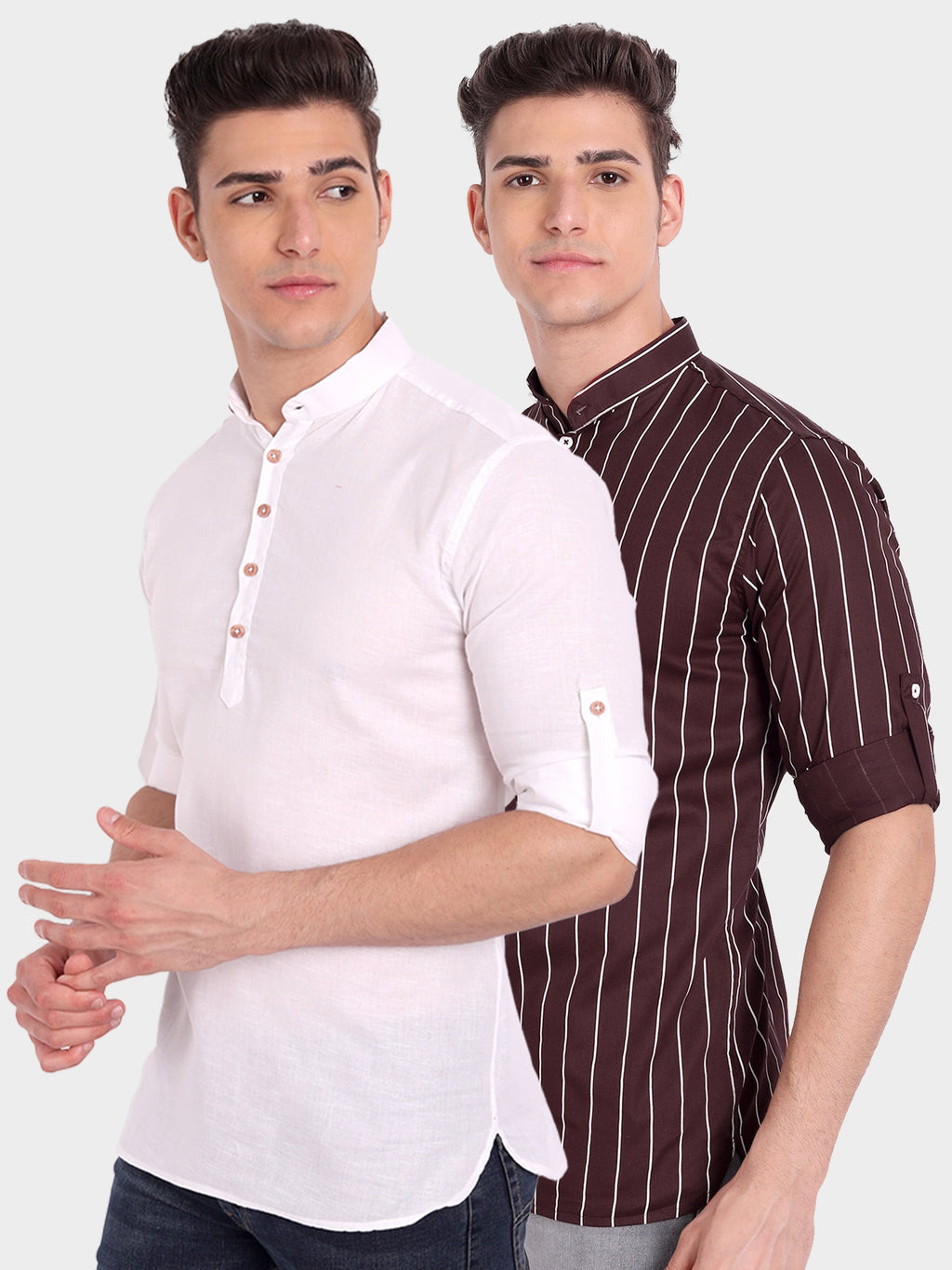 BLUE ROBED men's Straight Strip Full Sleeve Kurta (Pack 2) in White view 2
