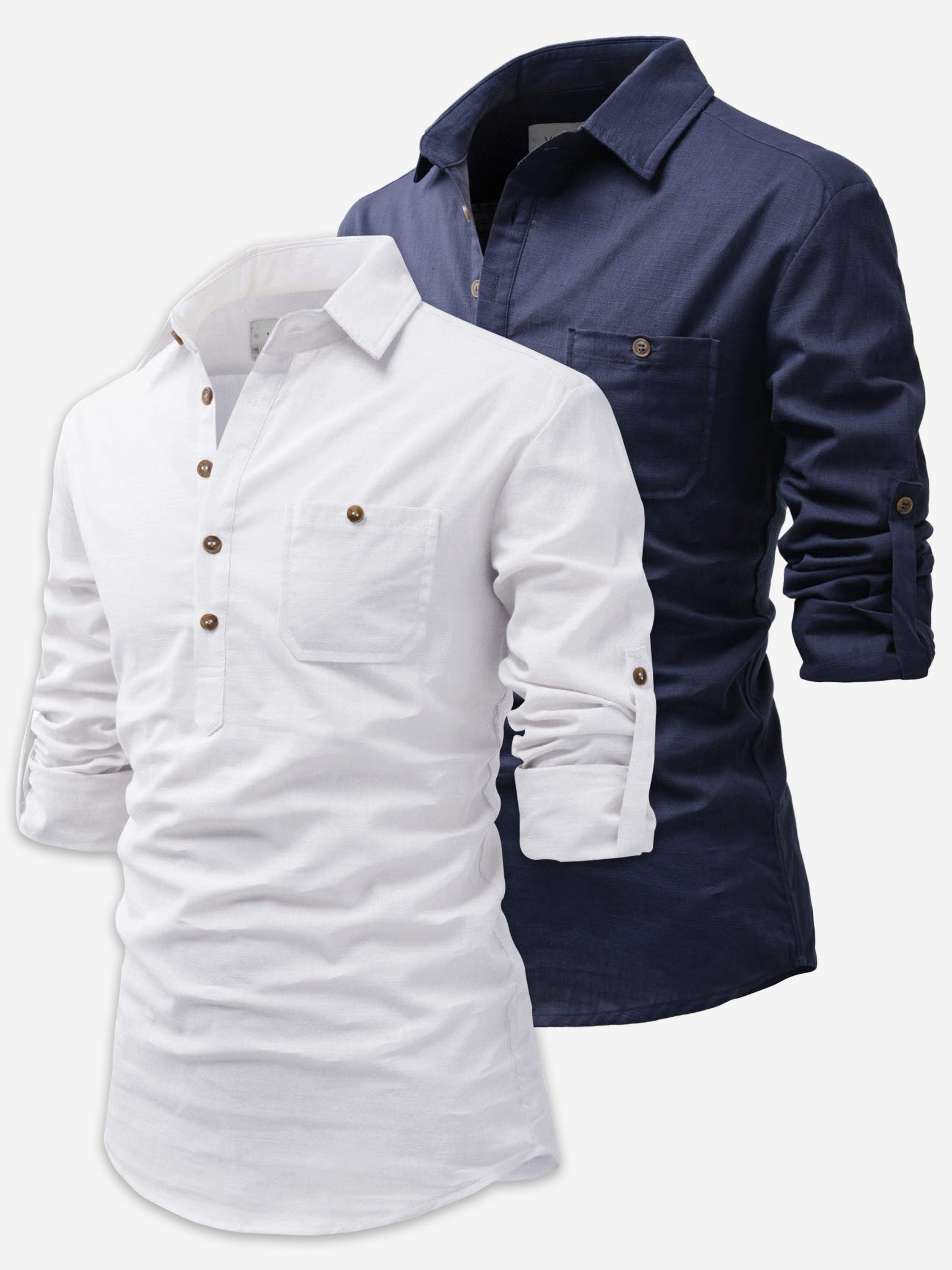 BLUE ROBED men's Casual Slim Fit Full Sleeve Cotton Kurta (Pack 2) in White style B view 7