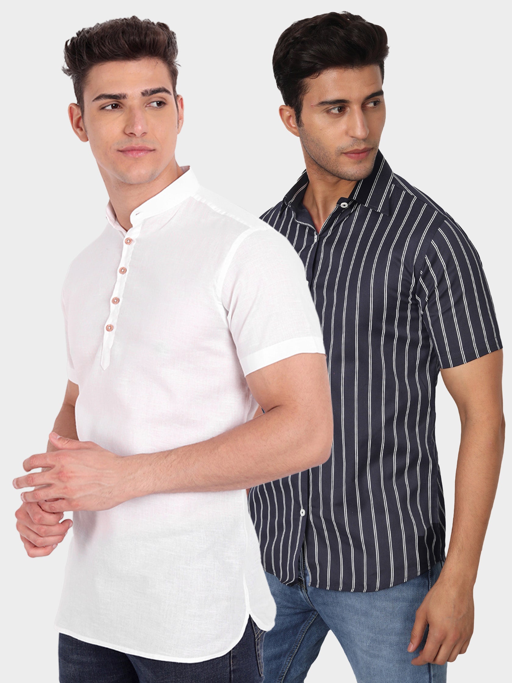 BLUE ROBED men's Double Strip Half Sleeve Shirt (Pack 2) in White view 2