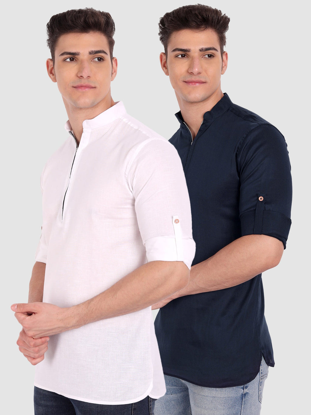 BLUE ROBED men's Casual ZIP Style Full Sleeve Cotton Kurta (Pack 2) in White view 10