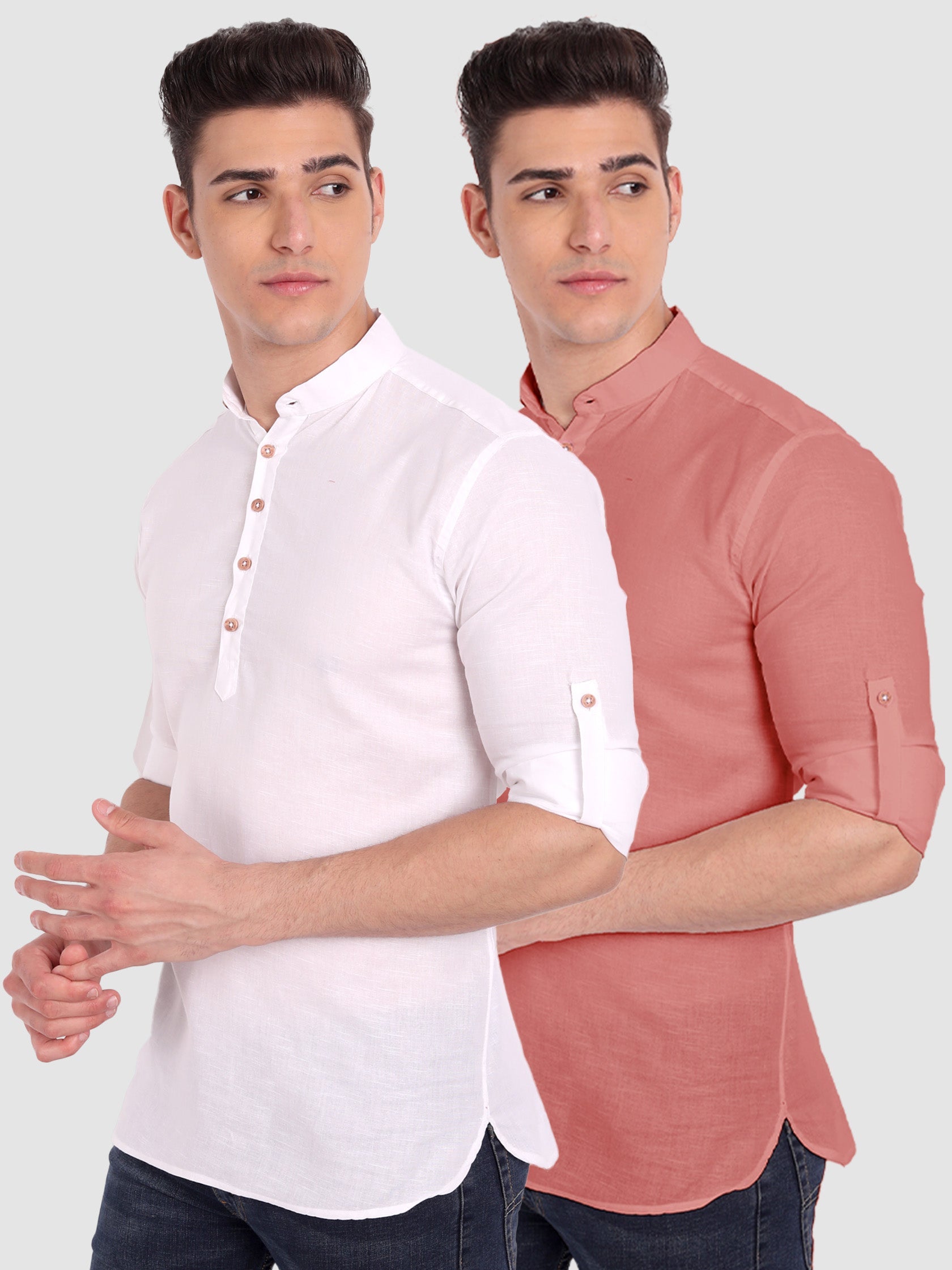 BLUE ROBED men's Casual Slim Fit Full Sleeve Cotton Kurta (Pack 2) in White style A view 7