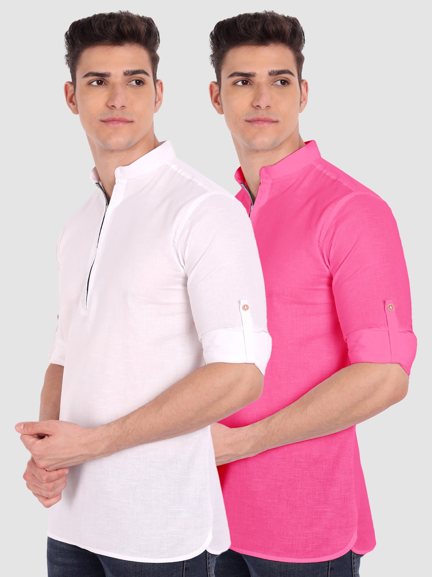 BLUE ROBED men's Casual ZIP Style Full Sleeve Cotton Kurta (Pack 2) in White