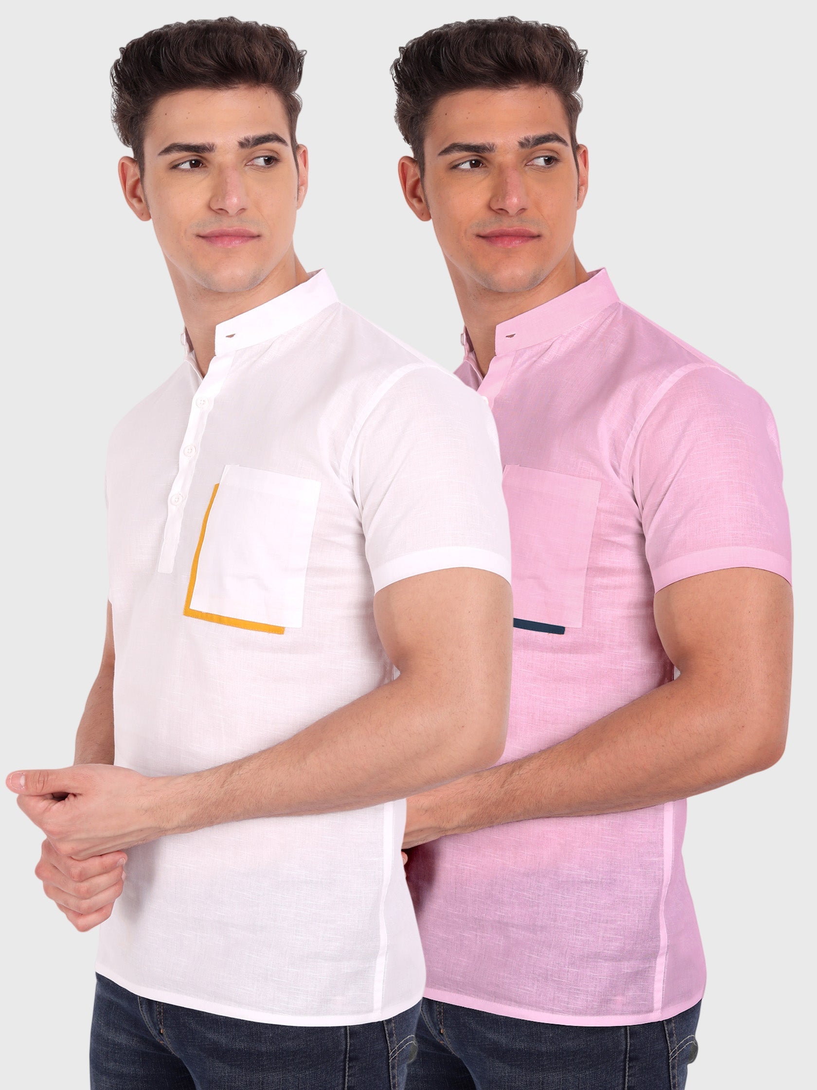 BLUE ROBED men's Casual Half Sleeve Slim Fit Kurta (Pack 2) in White view 5
