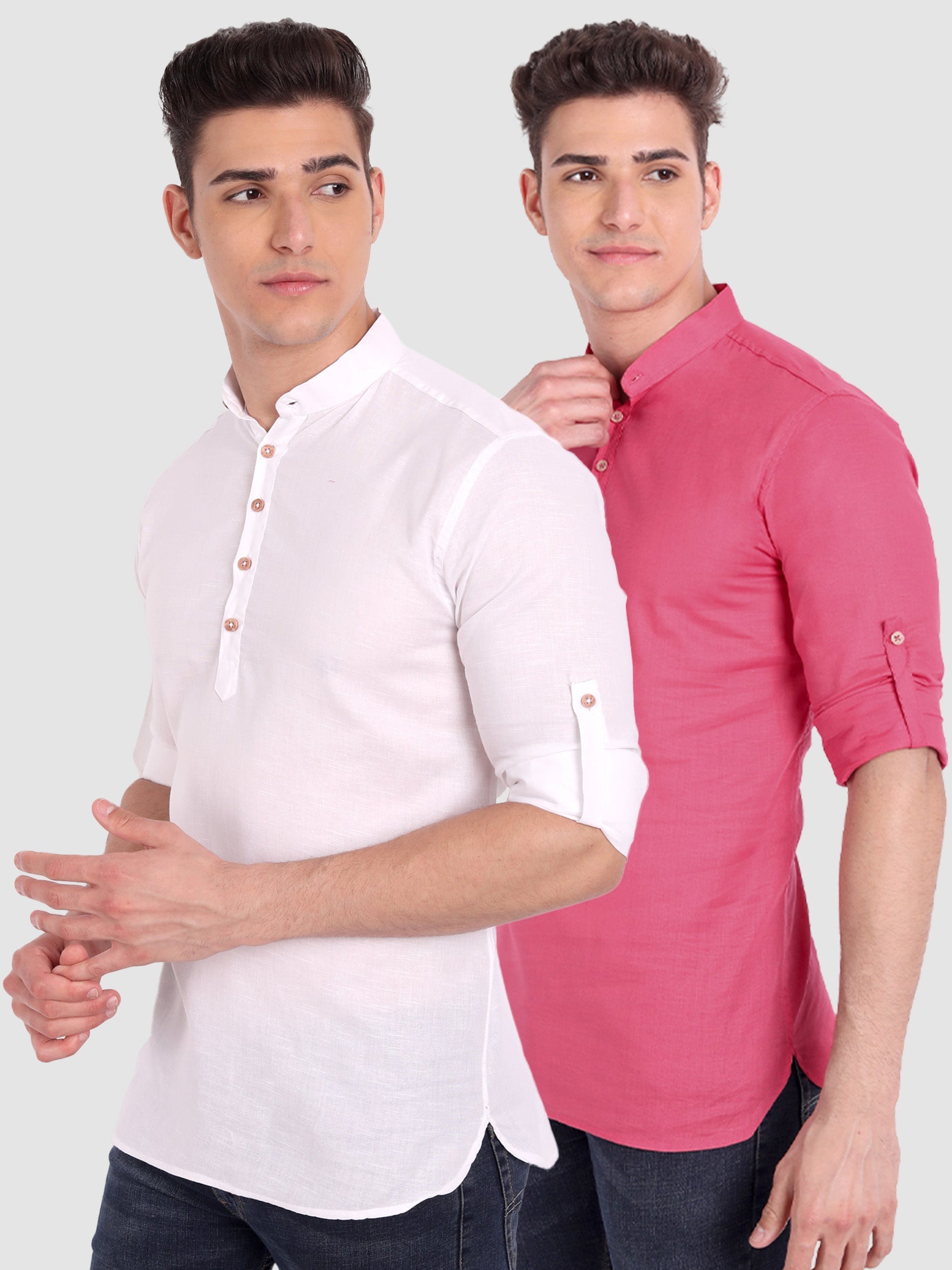 BLUE ROBED Mens Casual Slim Fit Full Sleeve Cotton Kurta (Pack 2) - White & Peach Secondary image