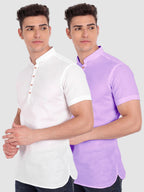 BLUE ROBED men's Casual Slim Fit Half Sleeve Cotton Kurta (Pack 2) Office Wear in White view 11
