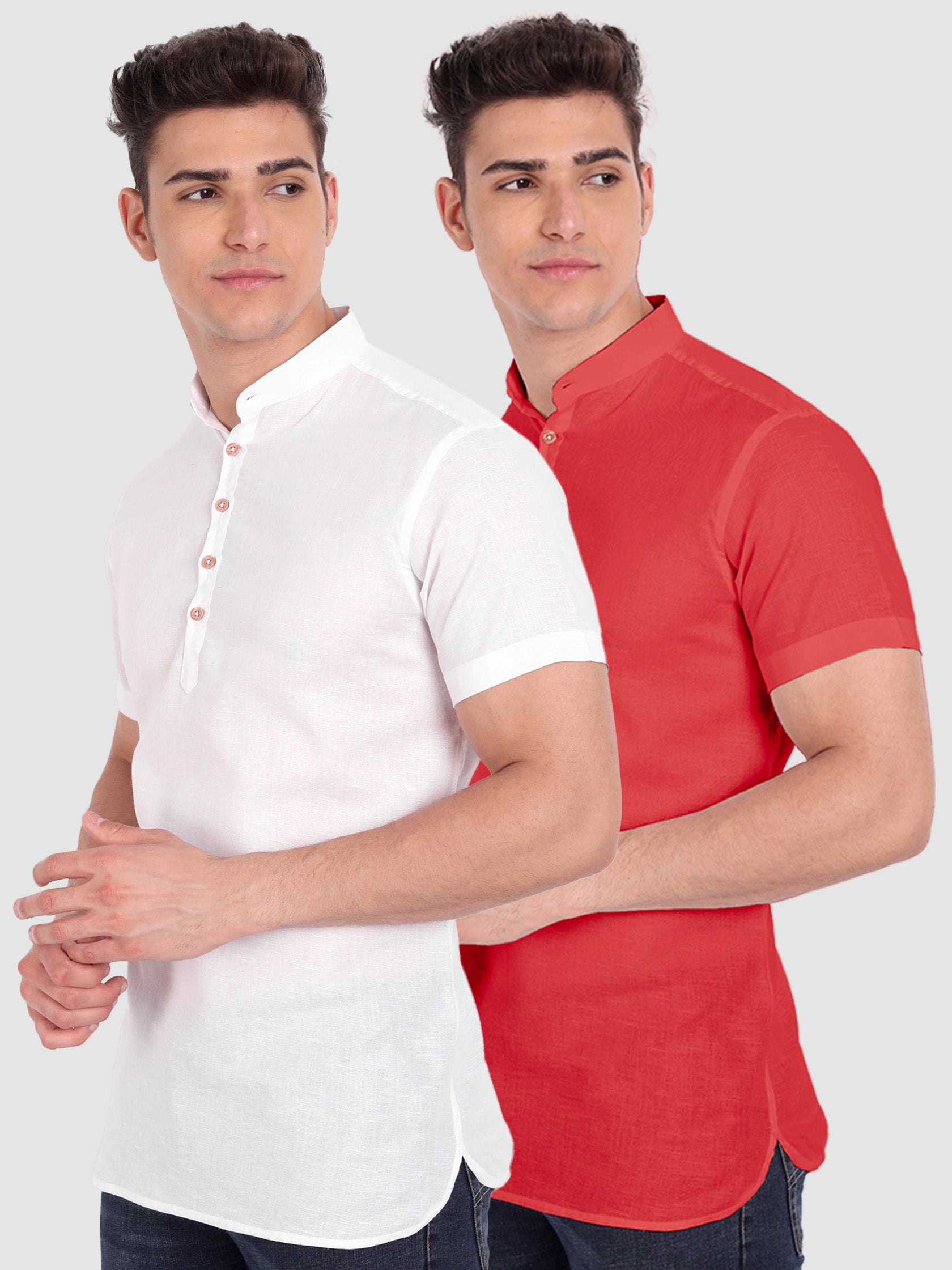 BLUE ROBED men's Casual Slim Fit Half Sleeve Cotton Kurta (Pack 2) Office Wear in White view 12