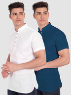 BLUE ROBED men's Casual Slim Fit Half Sleeve Cotton Kurta (Pack 2) Office Wear in White view 13
