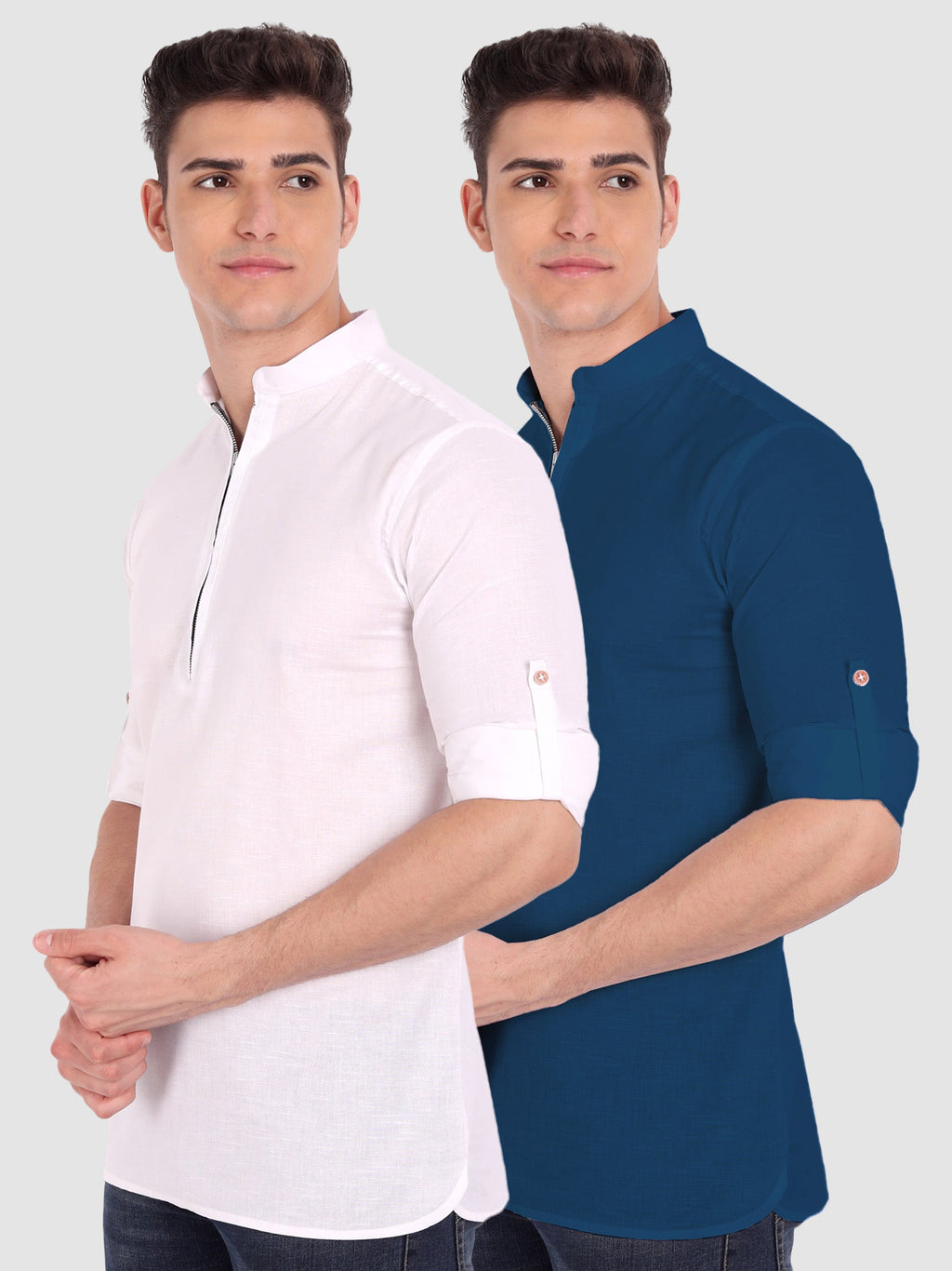 BLUE ROBED men's Casual ZIP Style Full Sleeve Cotton Kurta (Pack 2) in White view 14
