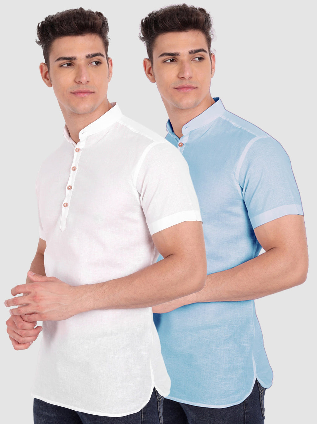 BLUE ROBED men's Casual Slim Fit Half Sleeve Cotton Kurta (Pack 2) Office Wear in White view 14