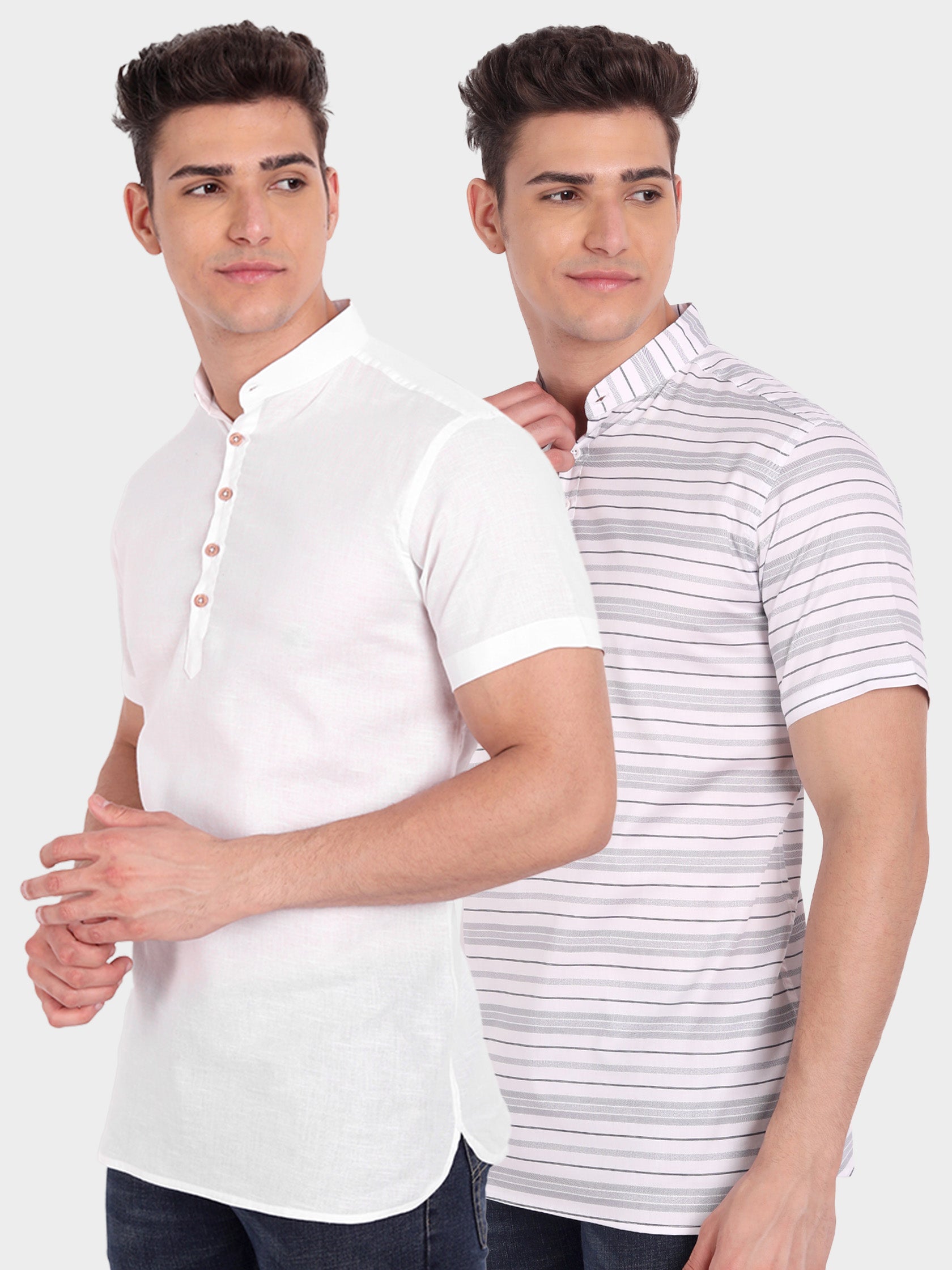 BLUE ROBED men's Three Strip Half Sleeve Kurta (Pack 2) in White view 3