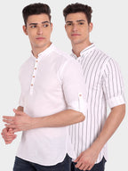 BLUE ROBED men's Straight Strip Full Sleeve Kurta (Pack 2) in White view 3