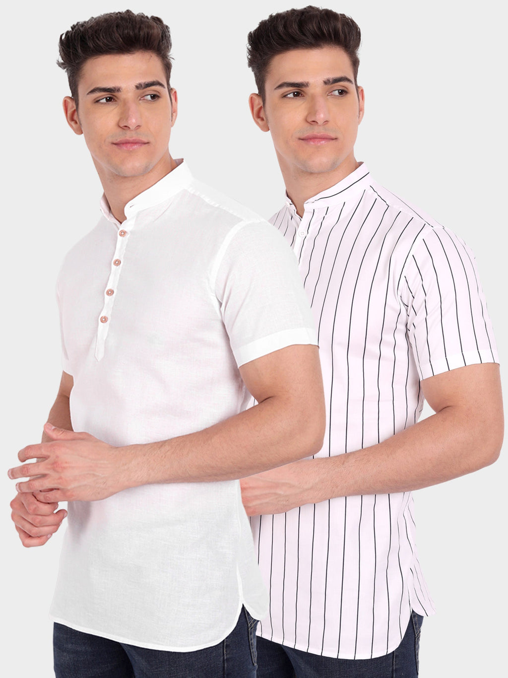 BLUE ROBED men's Straight Strip Half Sleeve Kurta (Pack 2) in White view 3