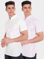 BLUE ROBED men's Straight Strip Half Sleeve Kurta (Pack 2) in White view 3
