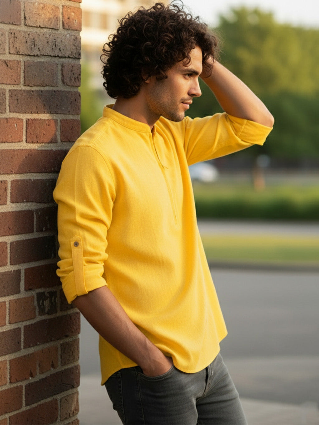 BLUE ROBED Full Sleeve Kurta for men Daily Wear in Yellow view 80