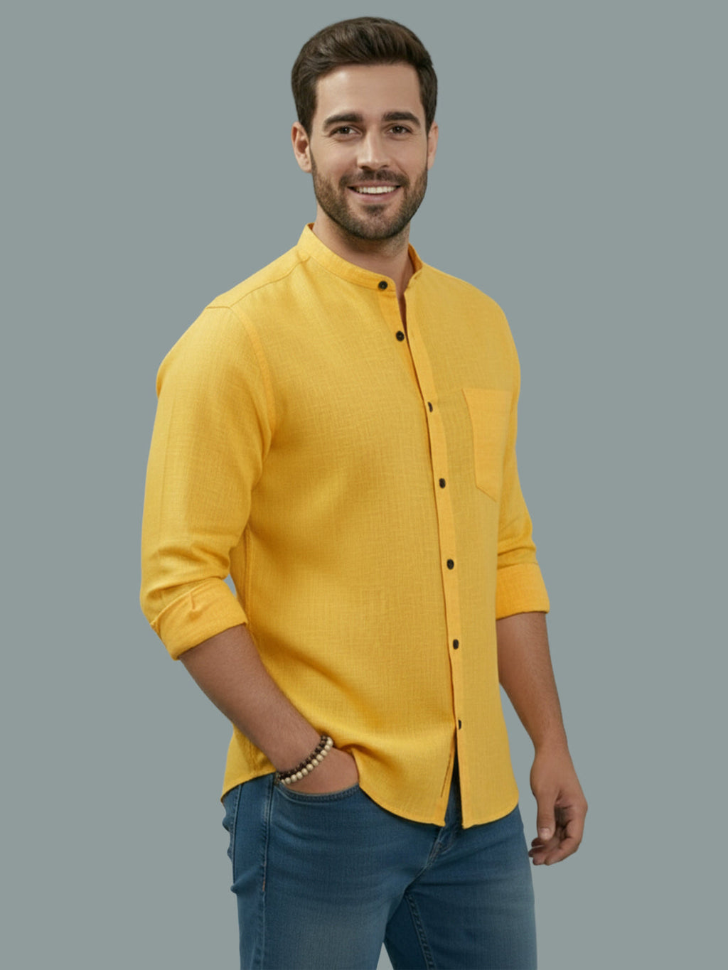 Full Sleeve Chinese Collar Cotton Slim Shirt for Men and Boys in Shirt For Men And Pink by BLUE ROBED, detail view