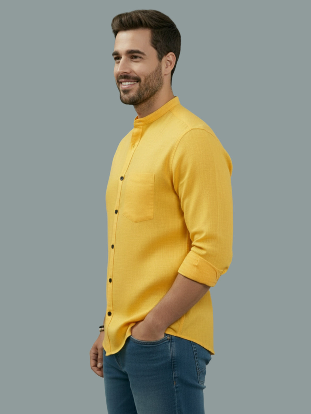 Full Sleeve Chinese Collar Cotton Slim Shirt for Men and Boys in Shirt For Men And Pink by BLUE ROBED, fit view