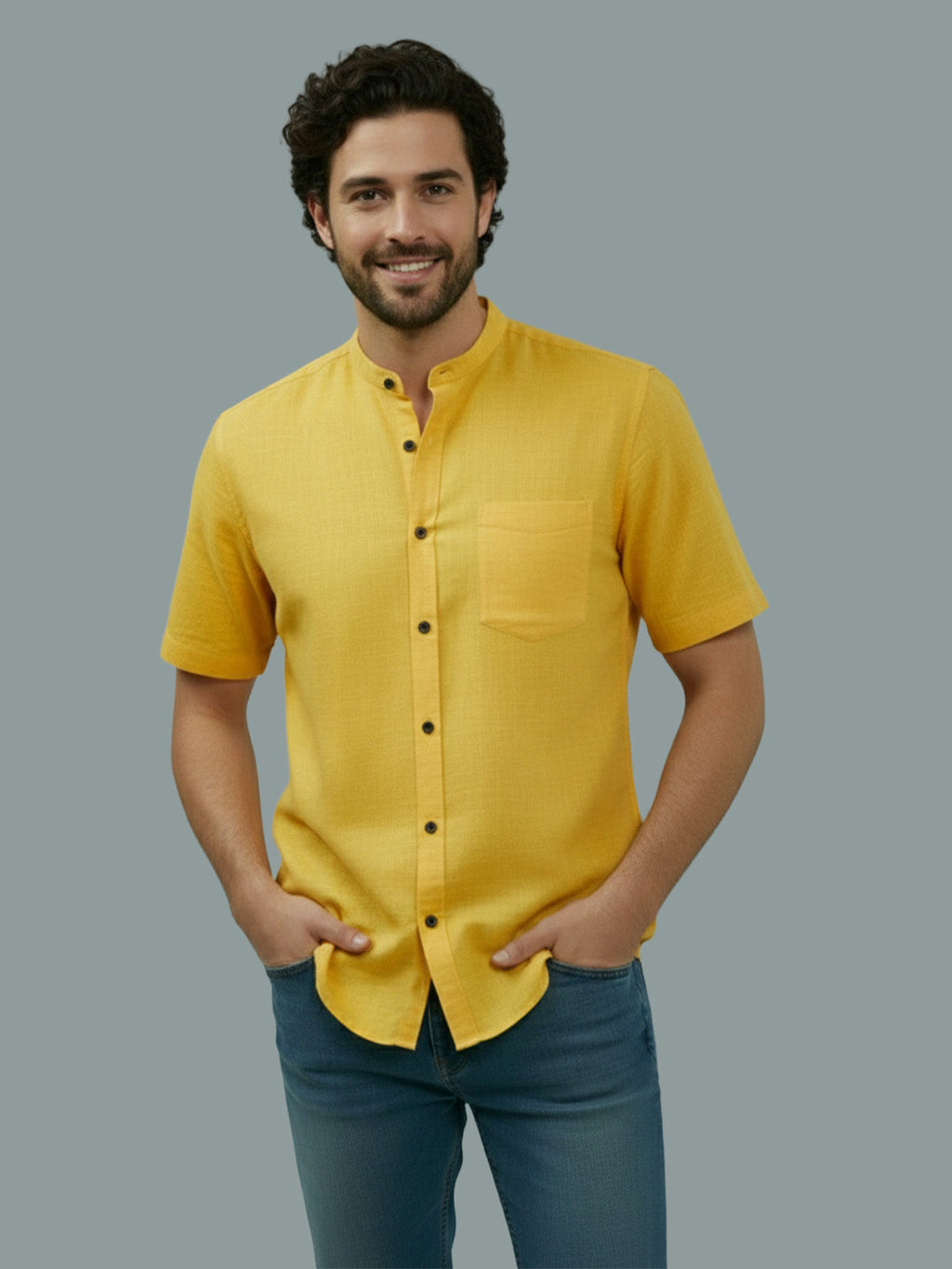 Half Sleeve Chinese Collar Cotton Slim Shirt for Men and Boys in Shirt For Men And White by BLUE ROBED, fit view