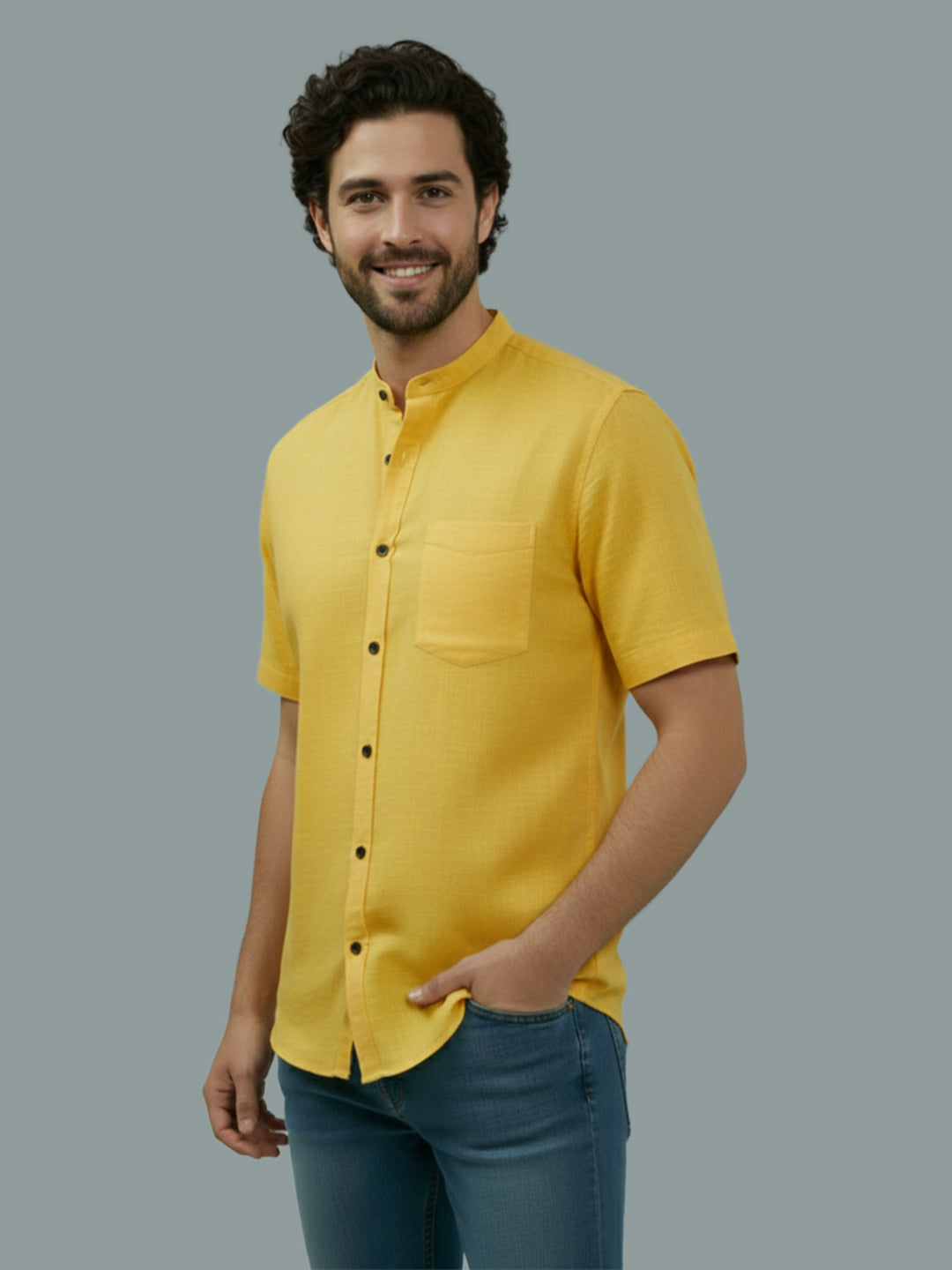Half Sleeve Chinese Collar Cotton Slim Shirt for Men and Boys in Shirt For Men And White by BLUE ROBED, front view