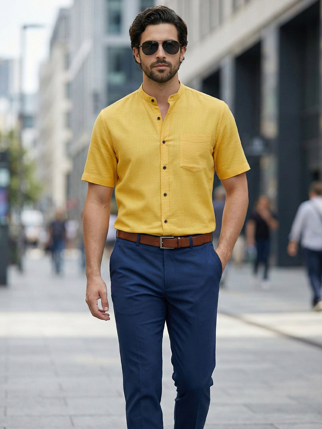Half Sleeve Chinese Collar Cotton Slim Shirt for Men and Boys in Shirt For Men And White by BLUE ROBED, fit view