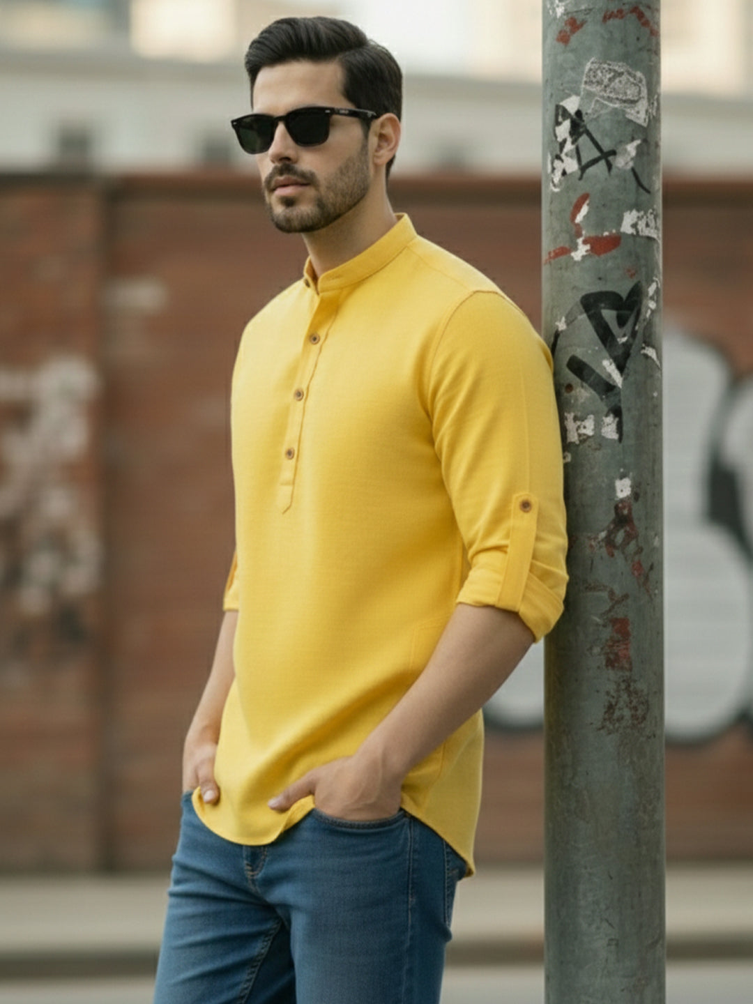 BLUE ROBED Full Sleeve Kurta for men Office Wear in Yellow view 5