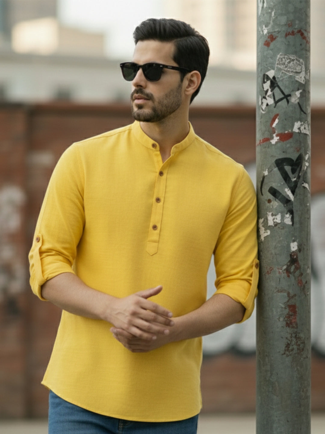 BLUE ROBED Full Sleeve Kurta For Mens Office Wear - Beige Secondary image