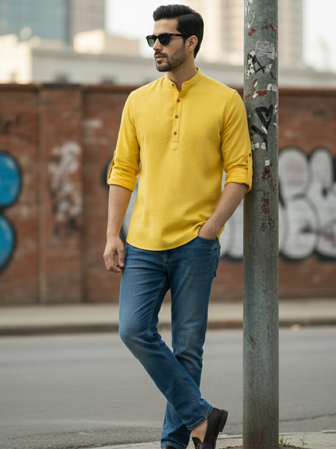 BLUE ROBED Full Sleeve Kurta for men Office Wear in Yellow view 6