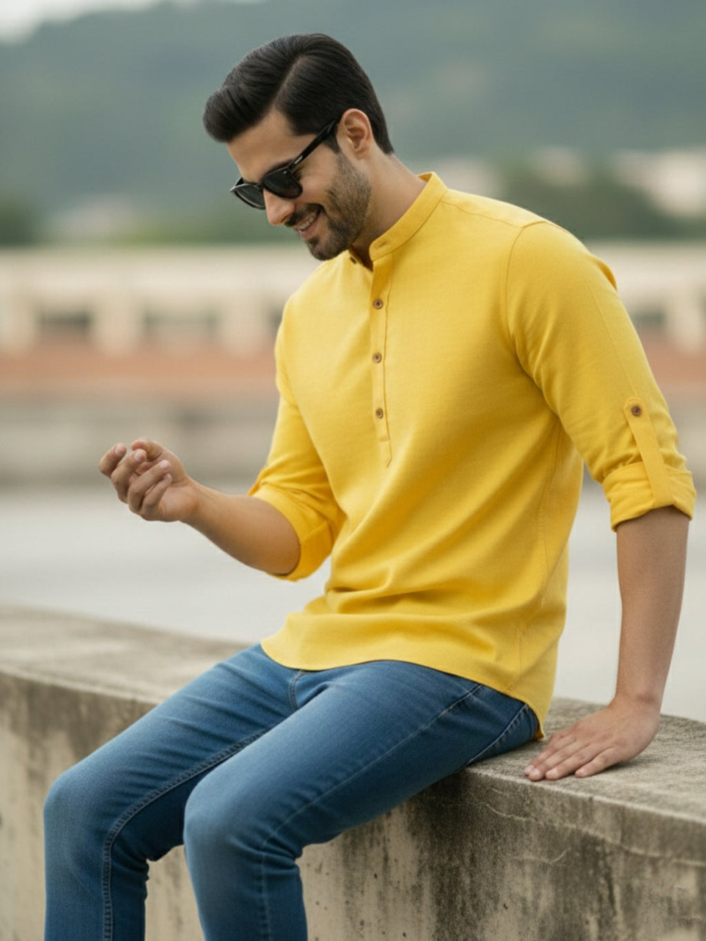 BLUE ROBED Full Sleeve Kurta for men Office Wear in Yellow