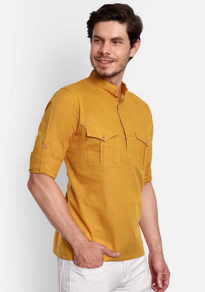 BLUE ROBED men's Casual Slim Fit Full Sleeve Double Pocket Cotton Trendy Kurta in Yellow view 100