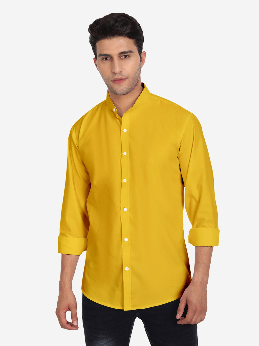 Men's Pure Cotton Mandarin Collar Casual Shirt in White by BLUE ROBED, front view