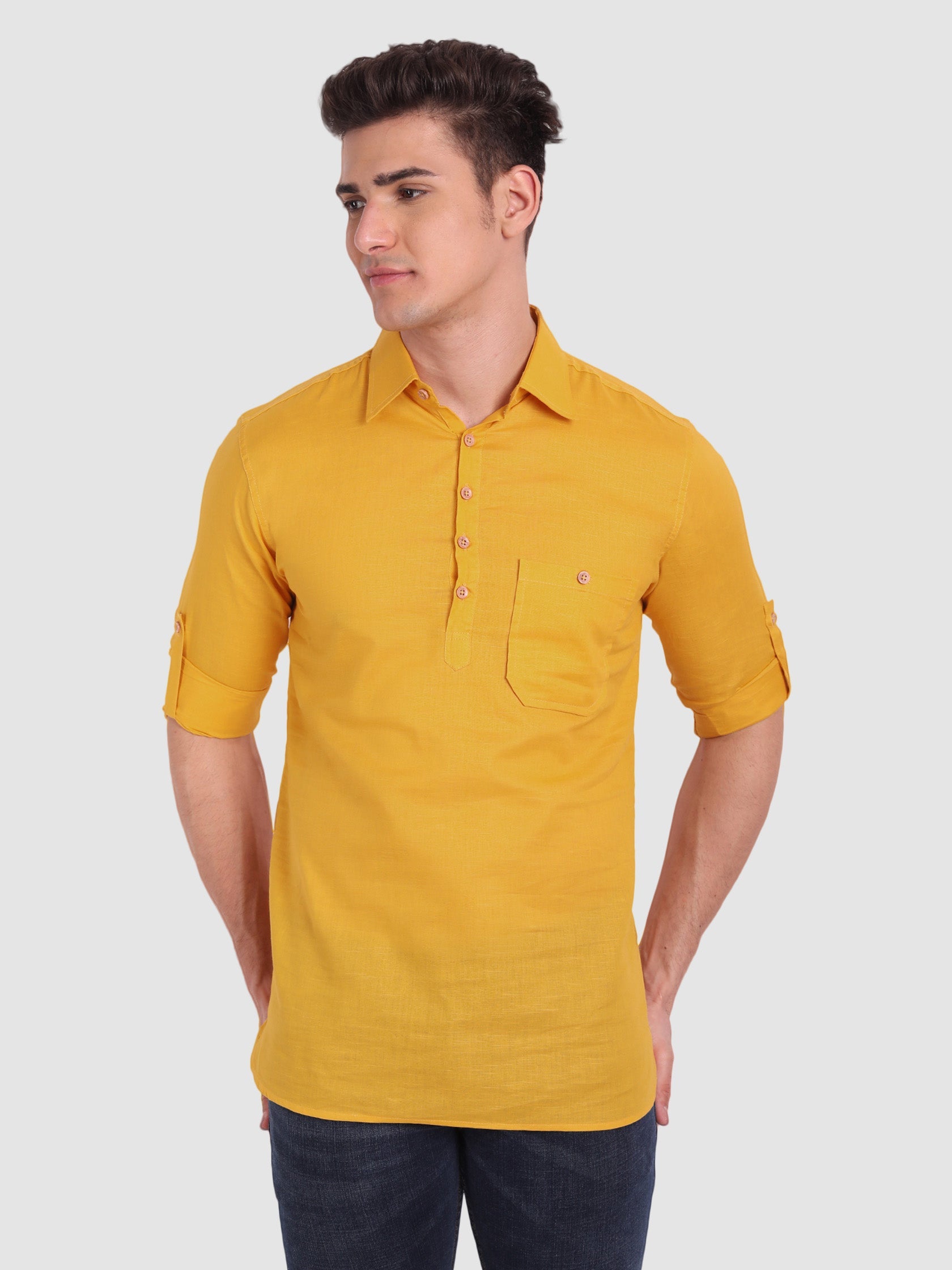 BLUE ROBED men's Full Sleeve Casual Cotton Kurta in Yellow style A view 6