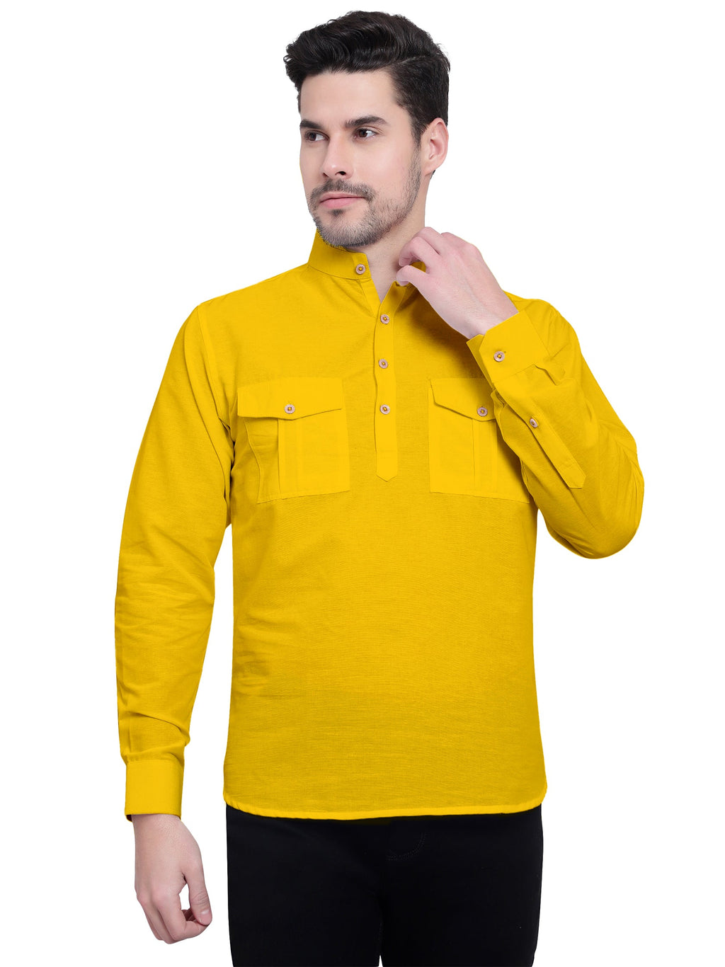 BLUE ROBED men's Casual Slim Fit Full Sleeve Double Pocket Cotton Kurta in Yellow view 51