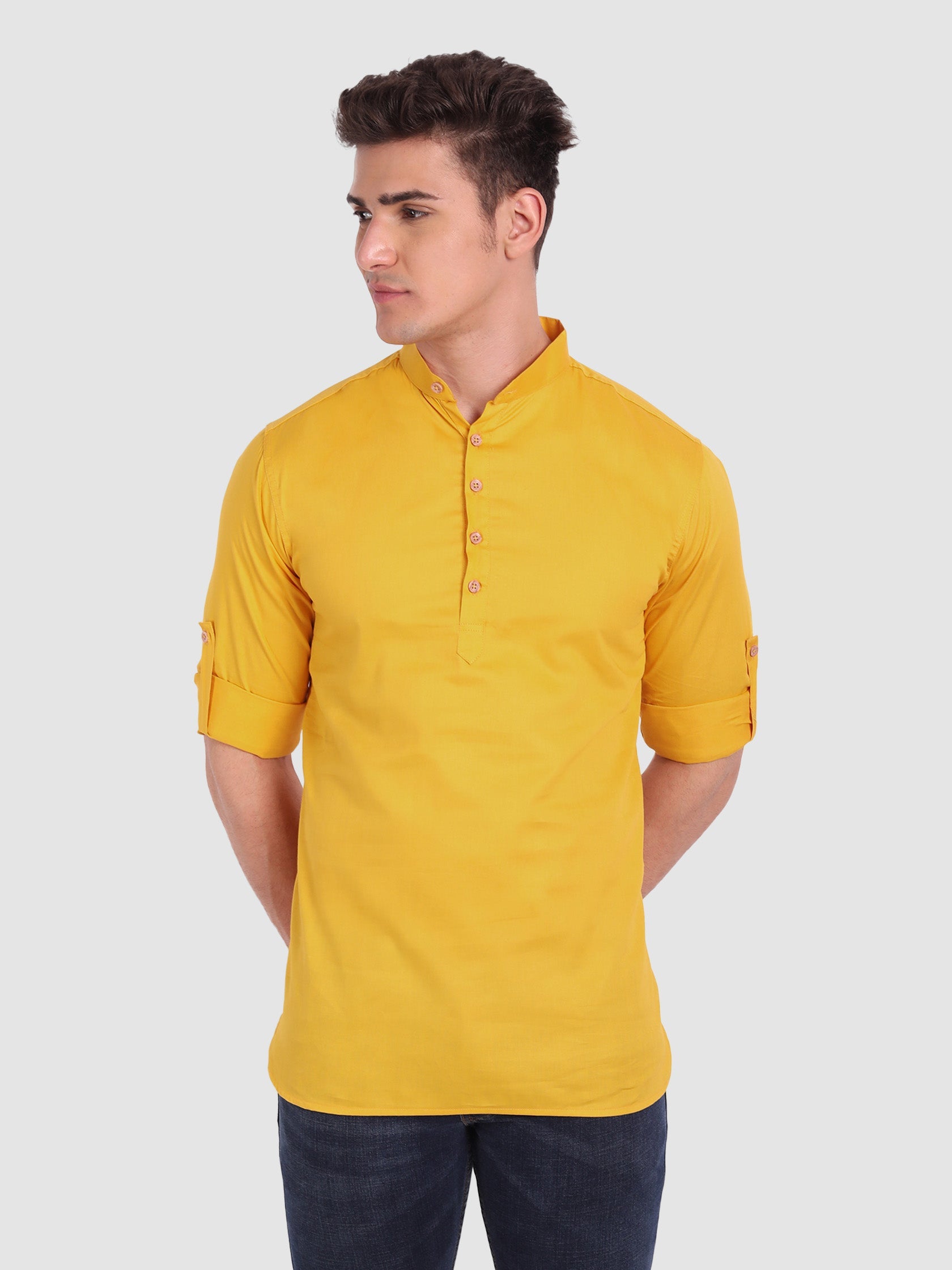 BLUE ROBED men's Casual Slim Fit Full Sleeve Cotton Kurta in Yellow view 33